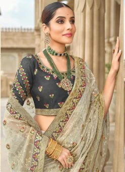 Cream Organza Embroidery Work Saree Party Wear -ZariGrace Shop cream organza embroidery work saree samkns10272851 b