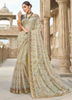Cream Organza Embroidery Work Saree Party Wear -ZariGrace Shop cream organza embroidery work saree samkns10272851 u