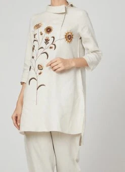 Cream Rayon Slub Kurta Straight Pant Set Work Wear