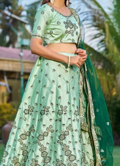 Sea Green Satin Blend Embroidered A Line Lehenga Party Wear