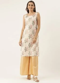 Cream Silk Cotton Sleeveless Palazzo Suit Party Wear -ZariGrace Shop cream silk cotton sleeveless palazzo suit KSBS02009906 u