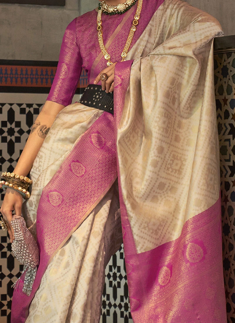 Cream Silk Jacquard Woven Saree Festive Wear 3 Cream Silk Jacquard Woven Saree Festive Wear