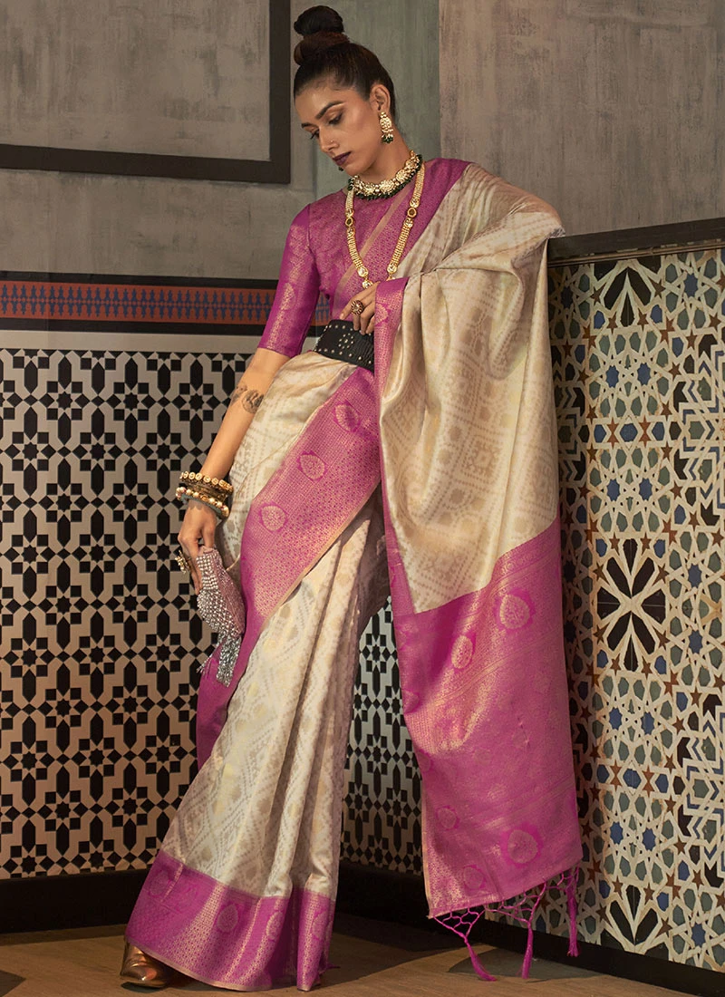 Cream Silk Jacquard Woven Saree Festive Wear 5 Cream Silk Jacquard Woven Saree Festive Wear - Image 3