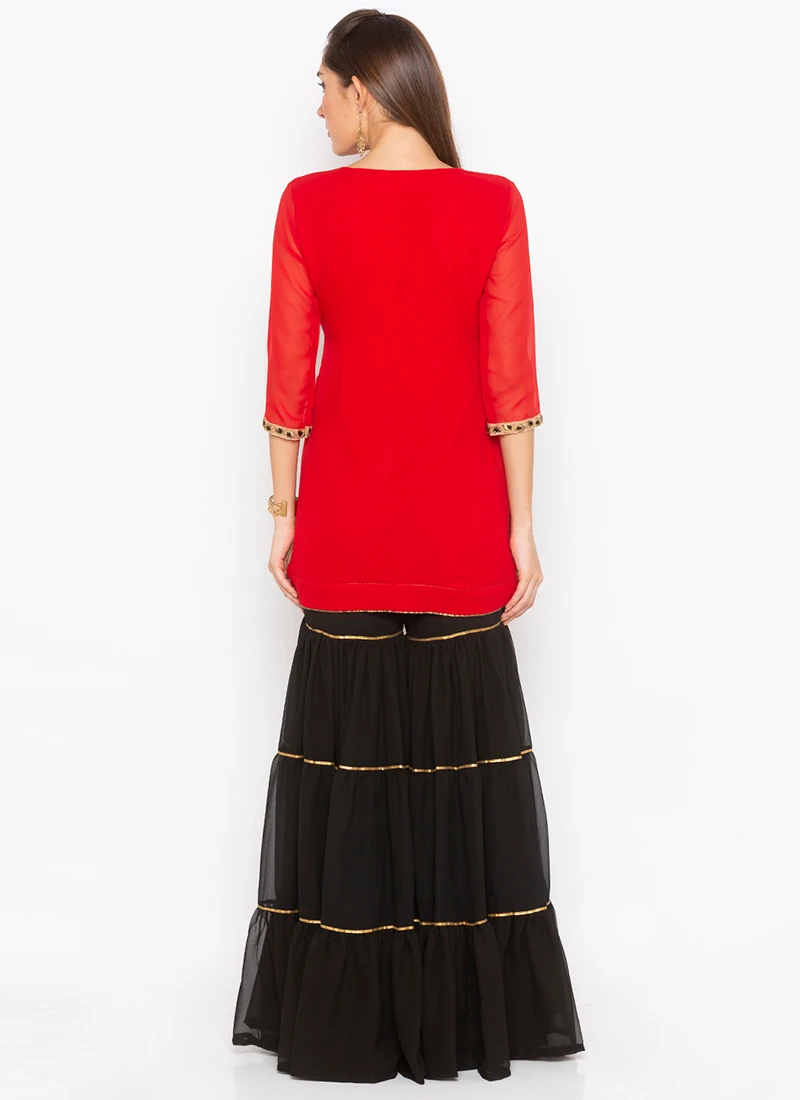 Crimson Red Georgette Mirror Embroidered Kurta Sharara Set After Six Wear 6 Crimson Red Georgette Mirror Embroidered Kurta Sharara Set After Six Wear - Image 4