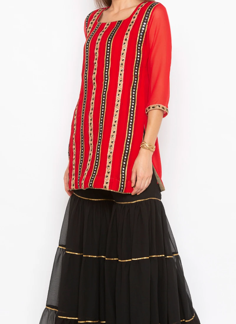 Crimson Red Georgette Mirror Embroidered Kurta Sharara Set After Six Wear 3 Crimson Red Georgette Mirror Embroidered Kurta Sharara Set After Six Wear