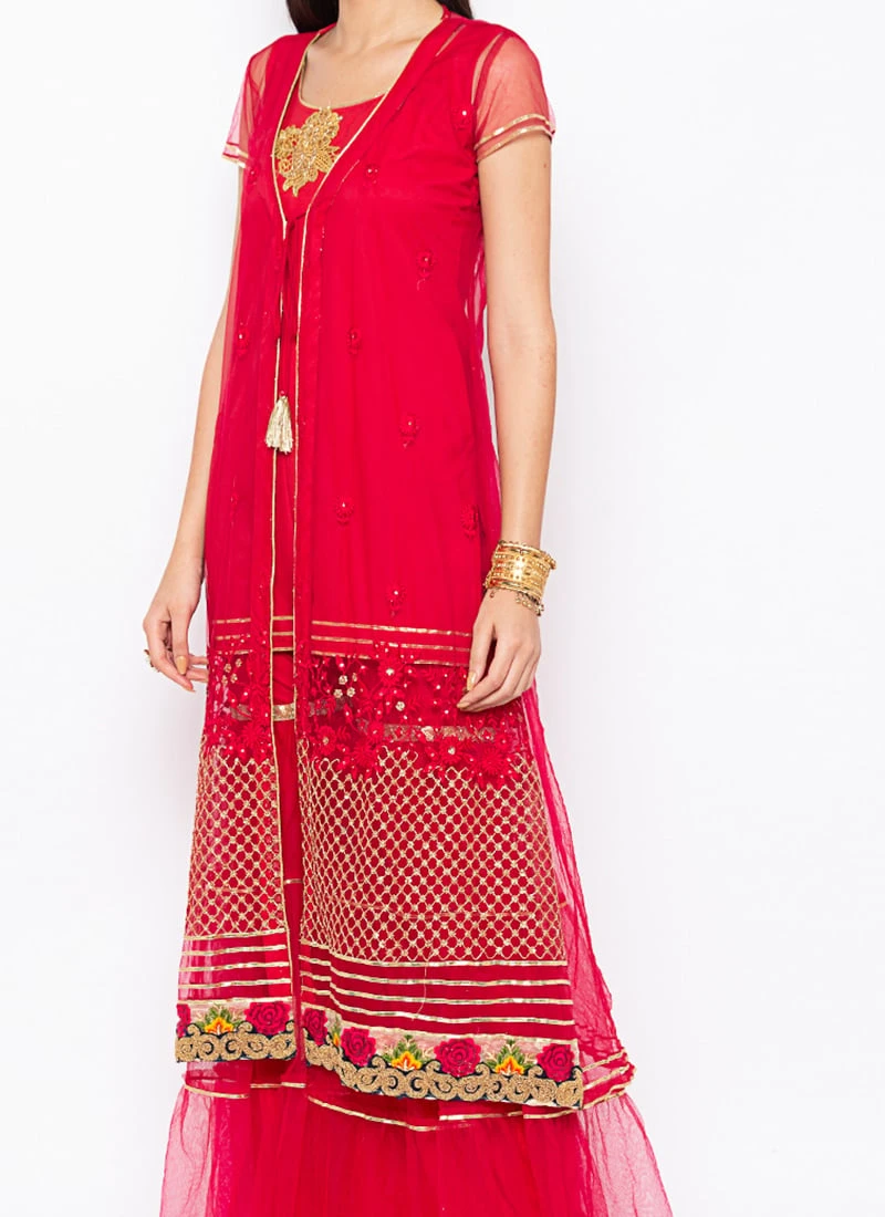 Crimson Red Net Embroidered Kurta Sharara Set After Six Wear 3 Crimson Red Net Embroidered Kurta Sharara Set After Six Wear