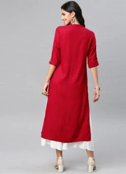 Crimson Red Rayon Soild Stitched Kurta Palazzo Set Work Wear -ZariGrace Shop crimson red rayon soild stitched kurta palazzo set krsdmf2474634 b