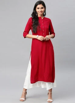 Crimson Red Rayon Soild Stitched Kurta Palazzo Set Work Wear -ZariGrace Shop crimson red rayon soild stitched kurta palazzo set krsdmf2474634 u