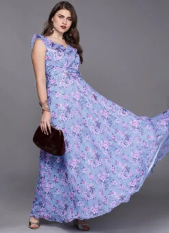 Blue Digital Print V Neck Gown After Six Wear -ZariGrace Shop custom made blue digital print v neck gown IWBS01907078 u