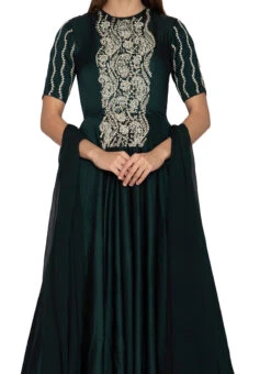 Dark Bottle Green Pure Chanderi Silk Embroidered Work Anarkali Suit Party Wear