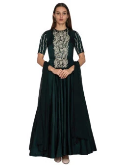 Dark Bottle Green Pure Chanderi Silk Embroidered Work Anarkali Suit Party Wear -ZariGrace Shop dark bottle green pure chanderi silk embroidered work anarkali suit sldvcsvak184 u