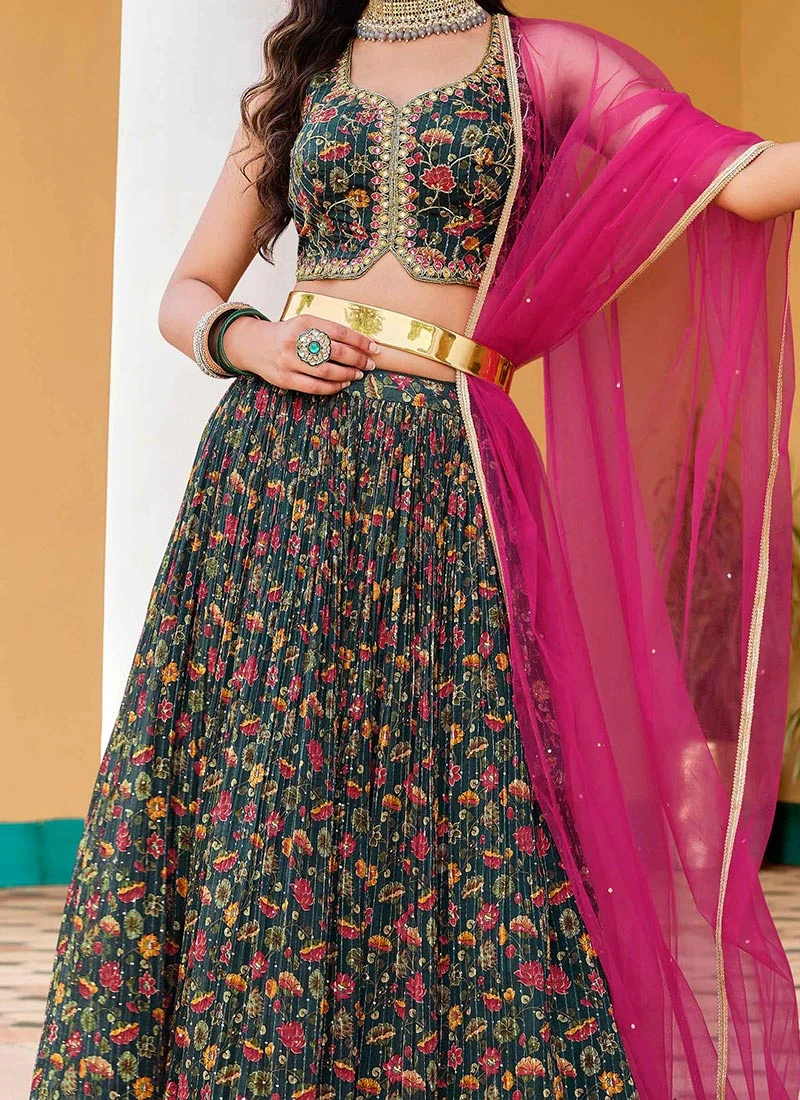 Dark Green Chinon Digital Print Umbrella Lehenga Party Wear 3 Dark Green Chinon Digital Print Umbrella Lehenga Party Wear