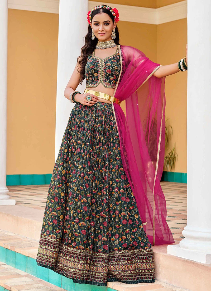 Dark Green Chinon Digital Print Umbrella Lehenga Party Wear 5 Dark Green Chinon Digital Print Umbrella Lehenga Party Wear - Image 3