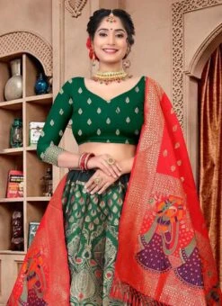 Dark Green Jacquard Silk Zari Woven Umbrella Lehenga Festive Wear -ZariGrace Shop dark green jacquard silk zari woven umbrella lehenga ghswe1283green b