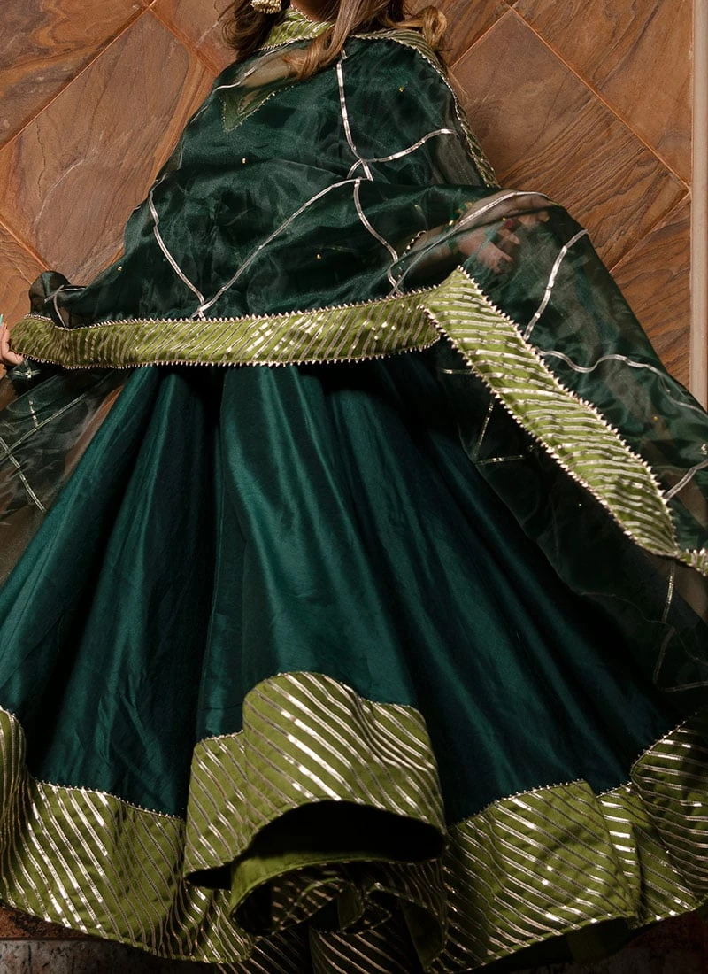 Dark Green Pure Cotton Gota Patti Work Anarkali Suit Party Wear 3 Dark Green Pure Cotton Gota Patti Work Anarkali Suit Party Wear