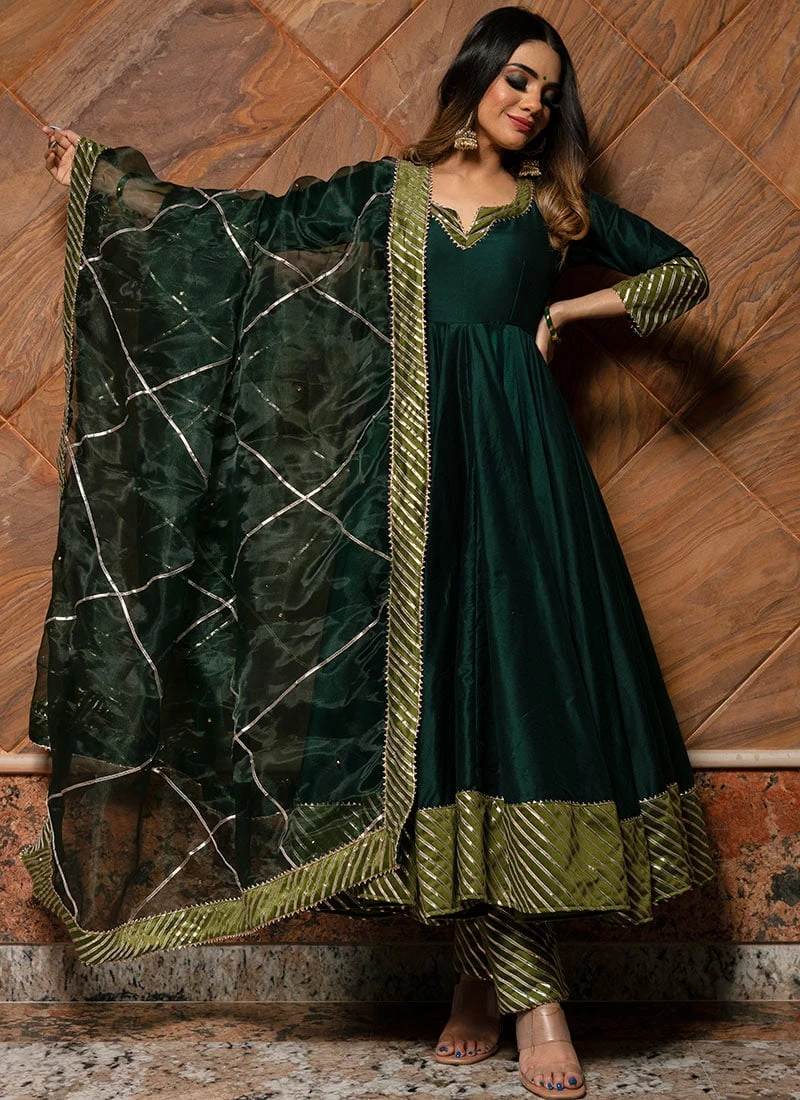 Dark Green Pure Cotton Gota Patti Work Anarkali Suit Party Wear 5 Dark Green Pure Cotton Gota Patti Work Anarkali Suit Party Wear - Image 3