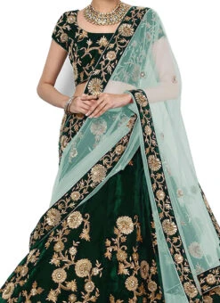 Dark Green Silk Velvet Embroidered A Line Lehenga Party Wear