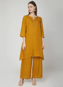 Dark Mustard Linen Kurta Palazzo Set Work Wear -ZariGrace Shop dark mustard linen kurta palazzo set krsdvcsvts08 u