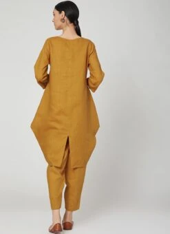 Dark Mustard Linen Kurta Straight Pant Set Work Wear -ZariGrace Shop dark mustard linen kurta straight pant set krsdvcsvts18 b
