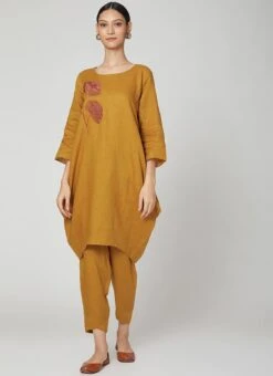 Dark Mustard Linen Kurta Straight Pant Set Work Wear -ZariGrace Shop dark mustard linen kurta straight pant set krsdvcsvts18 u