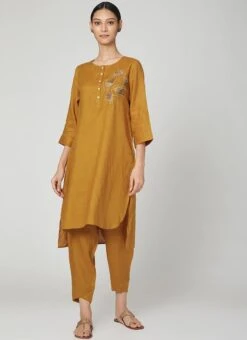Dark Mustard Rayon Slub Kurta Straight Pant Set Work Wear -ZariGrace Shop dark mustard rayon slub kurta straight pant set krsdvcsvts16 u