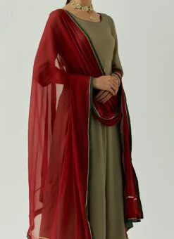 Dark Olive Green Pure Georgette Lace Work Anarkali Suit Party Wear