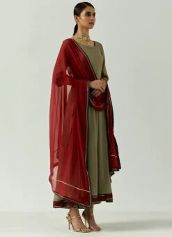 Dark Olive Green Pure Georgette Lace Work Anarkali Suit Party Wear -ZariGrace Shop dark olive green pure georgette lace work anarkali suit sldvcsvak203 u