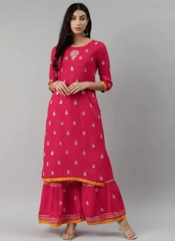Dark Pink Rayon Embroidery Kurta Sharara Set Party Wear -ZariGrace Shop dark pink rayon embroidery kurta sharara set krsdmf7144g u