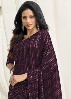 Dark Purple Faux Georgette Embroidered Saree Party Wear -ZariGrace Shop dark purple faux georgette embroidered saree sasafh1206 b