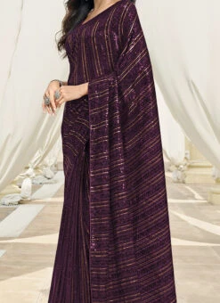 Dark Purple Faux Georgette Embroidered Saree Party Wear