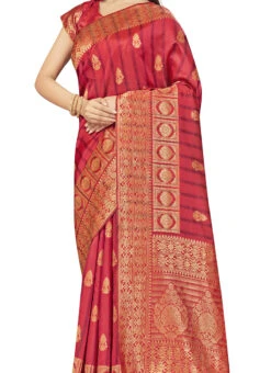 Dark Red Banarasi Silk Zari Work Saree Festive Wear