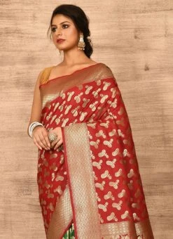 Dark Red N Green Banarasi Katan Silk Zari Weaving Half N Half Saree Festive Wear 9 Dark Red N Green Banarasi Katan Silk Zari Weaving Half N Half Saree Festive Wear -ZariGrace Shop dark red n green benarasi katan zari weaving half n half saree savns670h b