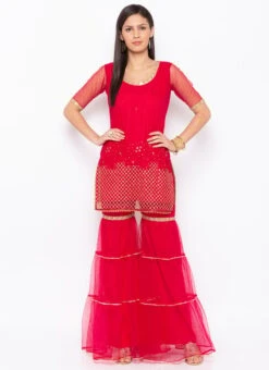 Dark Red Net Embroidered Kurta Sharara Set After Six Wear -ZariGrace Shop dark red net embroidered kurta sharara set krsmnc2125ks u
