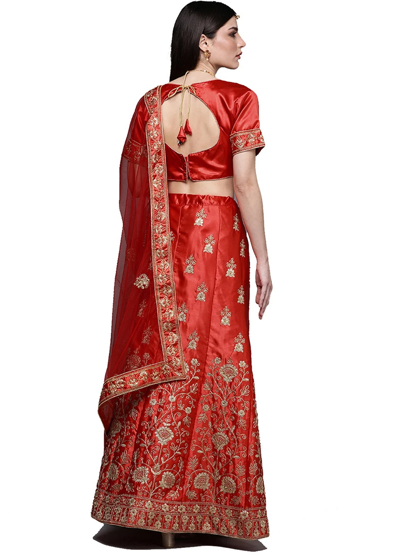 Dark Red Satin Silk Embroidered A Line Lehenga Festive Wear 6 Dark Red Satin Silk Embroidered A Line Lehenga Festive Wear - Image 4