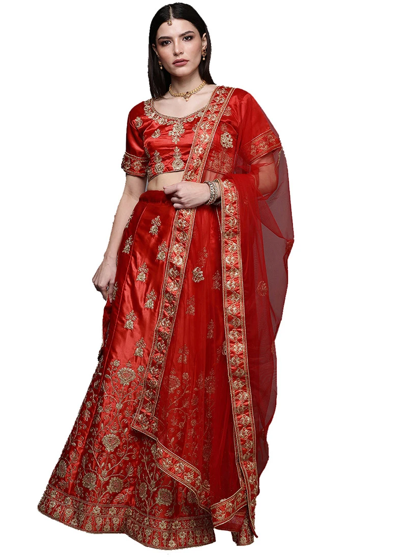 Dark Red Satin Silk Embroidered A Line Lehenga Festive Wear 5 Dark Red Satin Silk Embroidered A Line Lehenga Festive Wear - Image 3