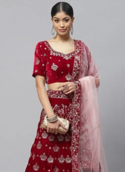 Dark Red Velvet Embroidered A Line Lehenga Party Wear -ZariGrace Shop dark red velvet embroidered a line lehenga ghmkns554 b