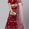 Dark Red Velvet Embroidered A Line Lehenga Party Wear