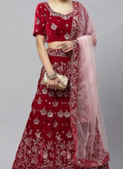 Dark Red Velvet Embroidered A Line Lehenga Party Wear