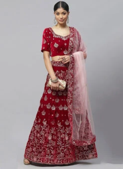 Dark Red Velvet Embroidered A Line Lehenga Party Wear -ZariGrace Shop dark red velvet embroidered a line lehenga ghmkns554 u