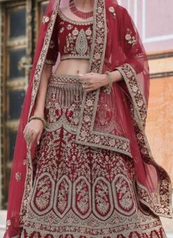 Dark Red Velvet Embroidered N Stones A Line Lehenga Wedding Wear