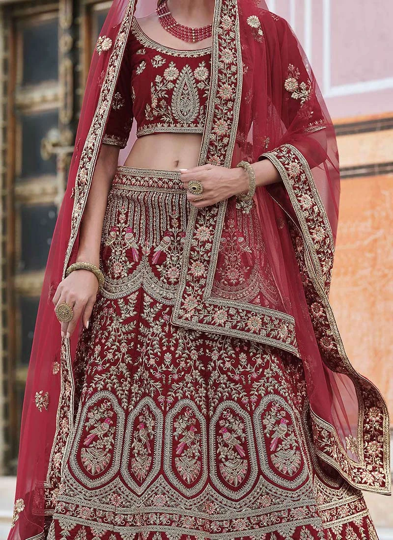 Dark Red Velvet Embroidered N Stones A Line Lehenga Wedding Wear 3 Dark Red Velvet Embroidered N Stones A Line Lehenga Wedding Wear