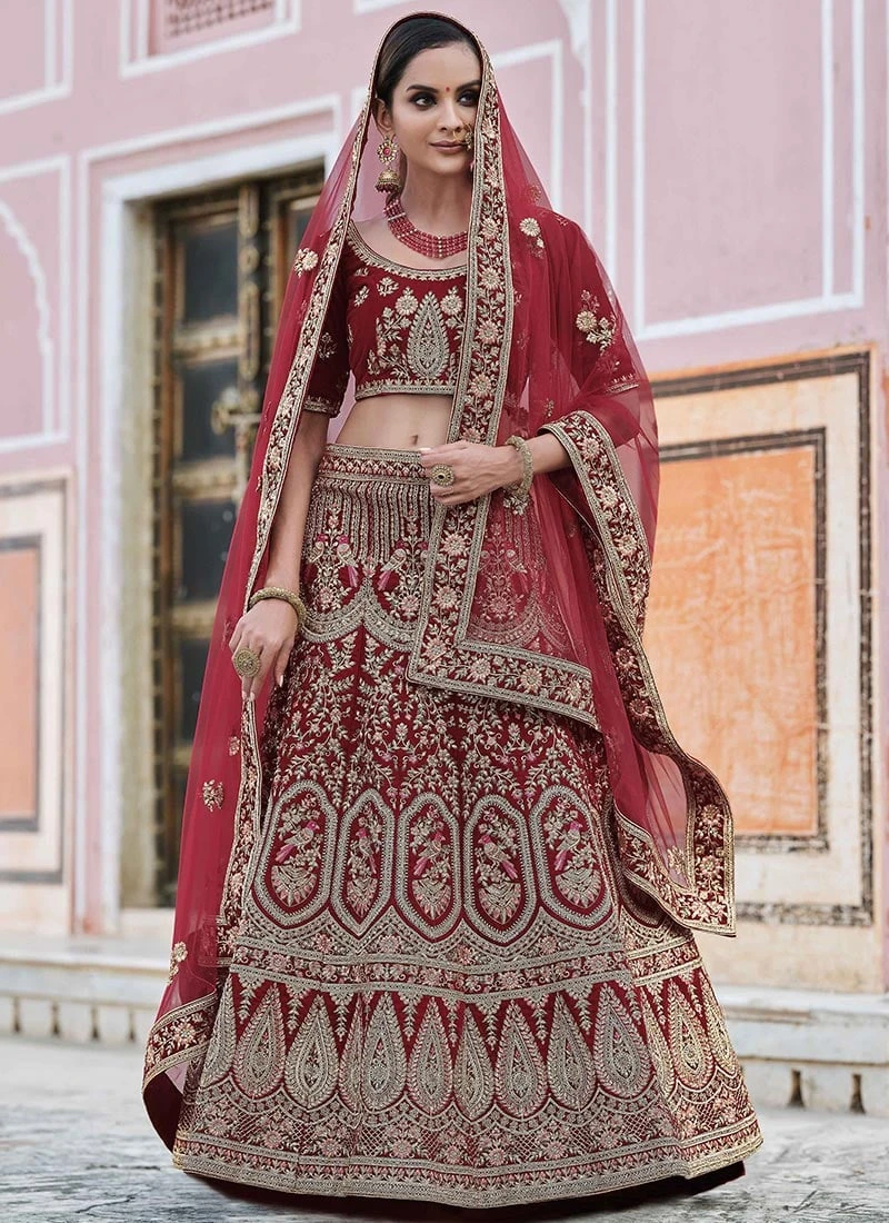 Dark Red Velvet Embroidered N Stones A Line Lehenga Wedding Wear 5 Dark Red Velvet Embroidered N Stones A Line Lehenga Wedding Wear - Image 3