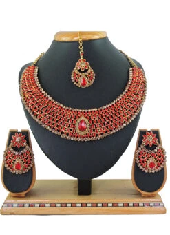 Designer Coral Red Stones Collar Necklace Set Party Wear -ZariGrace Shop designer coral red stones collar necklace set jymssrk121188 b