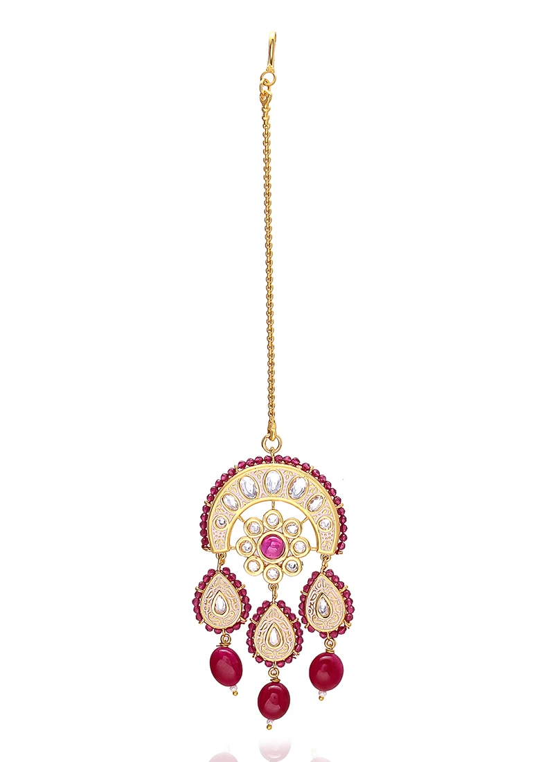 Designer Pink N Red Stones Kundan Mangtikka Festive Wear 5 Designer Pink N Red Stones Kundan Mangtikka Festive Wear - Image 3