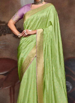 Dola Silk With Jacquard Woven Light Green Color Saree With Attached With Embroidery Blouse Party Wear