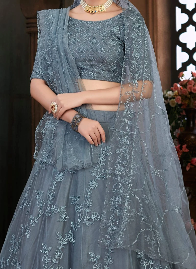 Dove Grey Net Thread Embroidery Umbrella Lehenga Party Wear 3 Dove Grey Net Thread Embroidery Umbrella Lehenga Party Wear