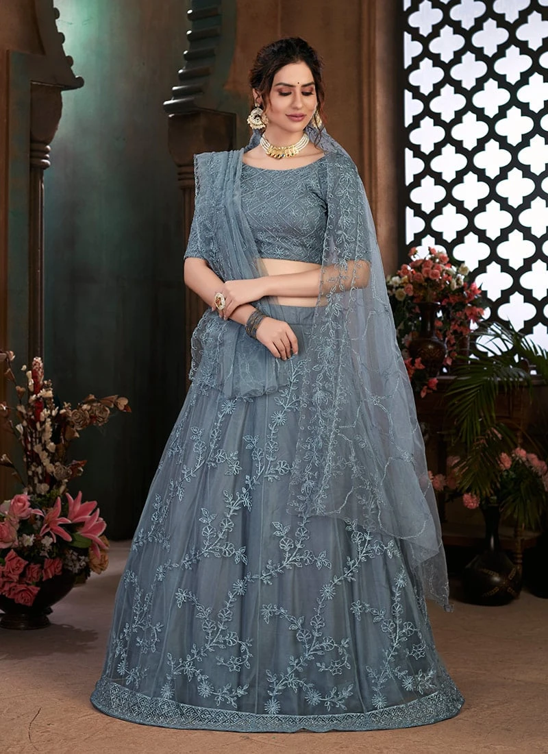 Dove Grey Net Thread Embroidery Umbrella Lehenga Party Wear 5 Dove Grey Net Thread Embroidery Umbrella Lehenga Party Wear - Image 3