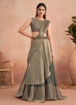 Dusty Green Chinon Silk Embroidered Ready Pleated Saree Party Wear -ZariGrace Shop dusty green chinon silk embroidered ready pleated saree saska36337311c u