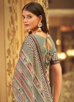 Dusty Green Georgette Printed Work Half N Half Saree Party Wear -ZariGrace Shop dusty green georgette printed work half n half saree sasak352629004 b