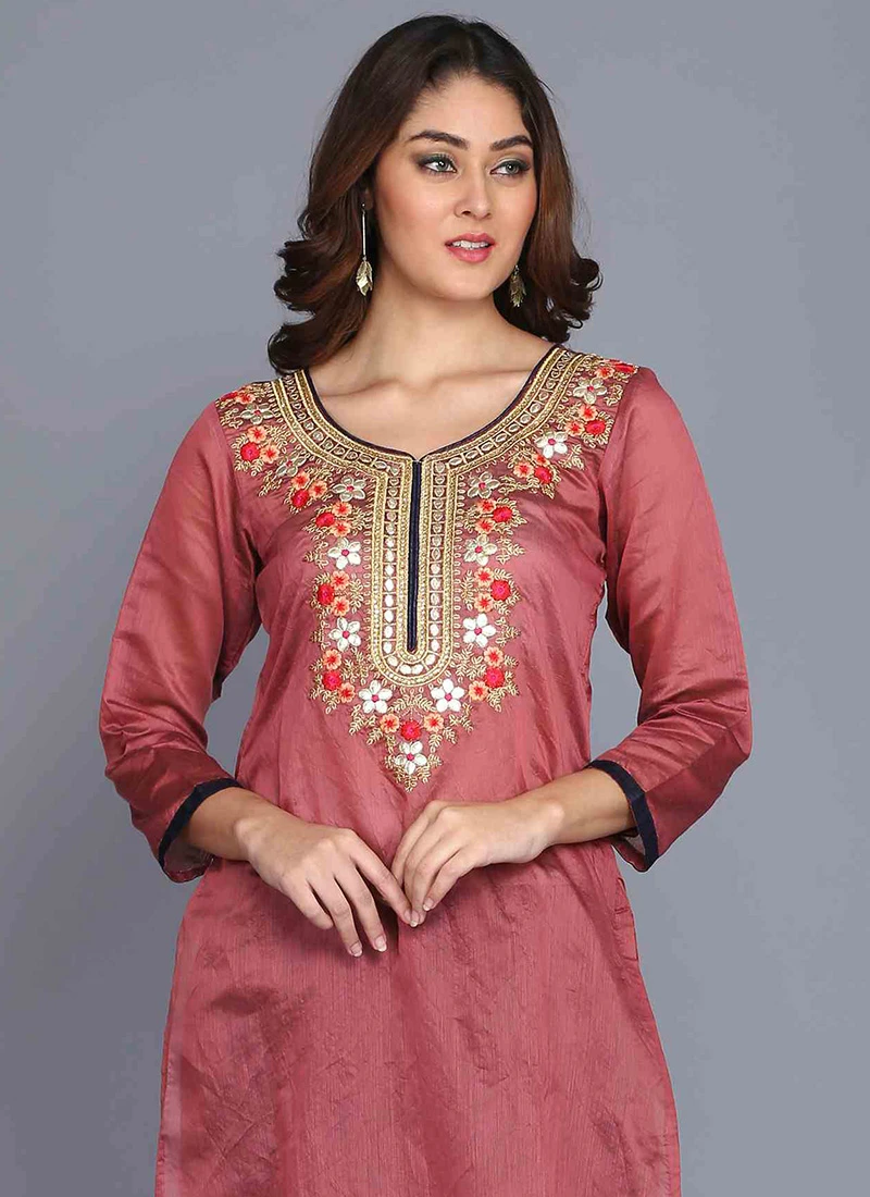 Dusty Pink Chanderi Silk Machine Embroidery Kurta Sharara Set Party Wear 6 Dusty Pink Chanderi Silk Machine Embroidery Kurta Sharara Set Party Wear - Image 4